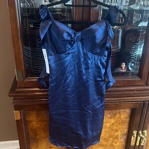 Satin Navy Slip Dress with Bow-Strap Detail
